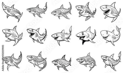 Intricate Shark Coloring Page for Adults, Beautiful Line Art for Stress Relief, Relaxation, Ideal for Printable Art Therapy or Adult Coloring Books, High-Quality Illustration.