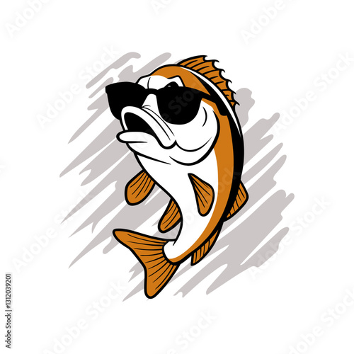 Illustration of a bass fish wearing sunglasses, featuring bold lines and a playful design