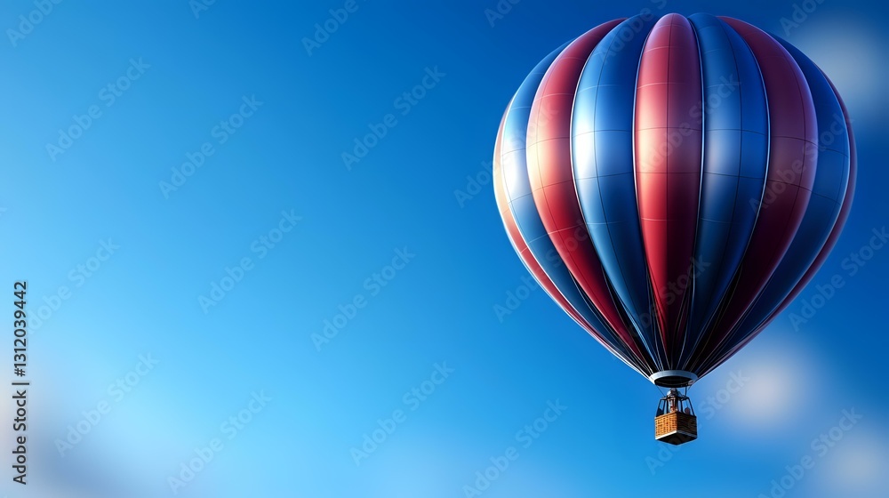 Fototapeta premium Vibrant red and blue striped hot air balloon soaring through clear blue sky, floating peacefully with soft bokeh effect in background creating dreamy atmosphere.