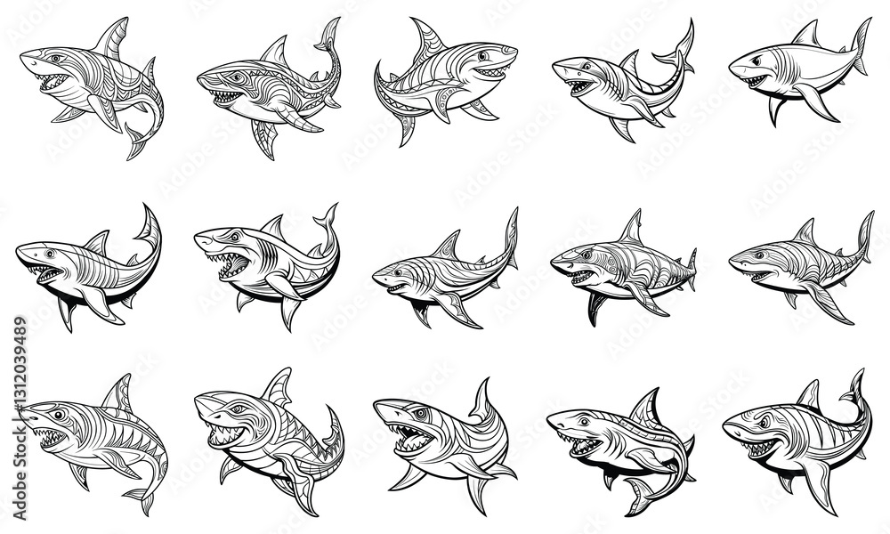 Fototapeta premium Shark Coloring Page for Adults, Intricate Line Art for Relaxation, Stress Relief, Ideal for Adult Coloring Books or Printable Art Therapy, High-Quality Illustration.