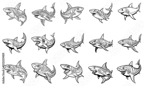 Shark Coloring Page for Adults, Intricate Line Art for Relaxation, Stress Relief, Ideal for Adult Coloring Books or Printable Art Therapy, High-Quality Illustration.