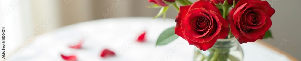 Fototapeta premium Red rose blooms in a vase on white tablecloth, botanical, petals