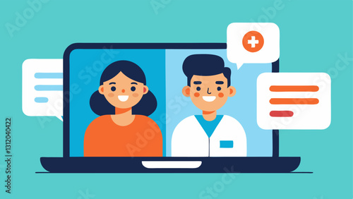 Virtual Consultation A splitscreen illustration showing a doctor on a laptop video call with a patient both smiling with health metrics displayed on the screen.