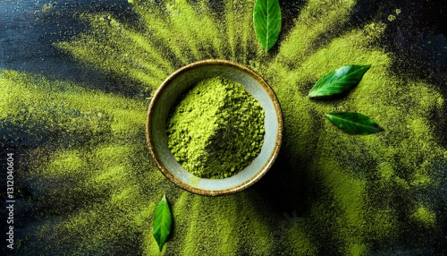 A close-up of a perfectly arranged matcha powder in a delicate 4
