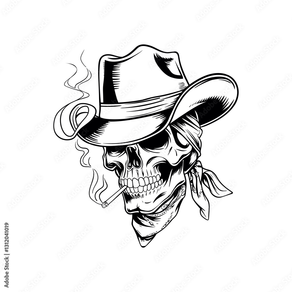 Monochrome illustration of a skull wearing a cowboy hat and bandana, smoking a cigarette Monochrome illustration of a skull wearing a cowboy hat and bandana, smoking a cigarette