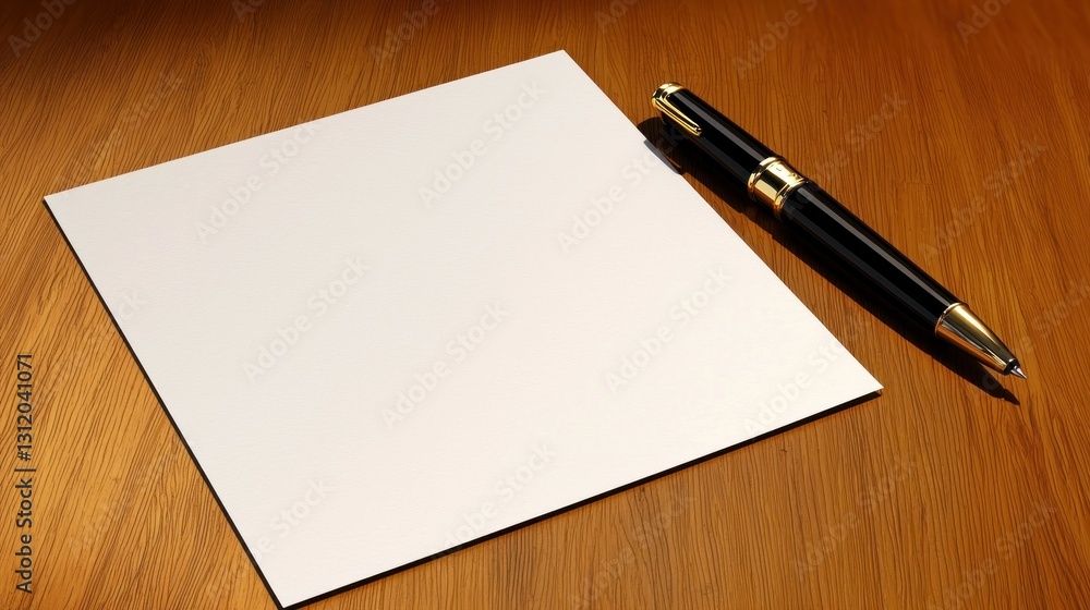 Blank paper and pen on wooden table, ready for writing Blank paper and pen on wooden table, ready for writing