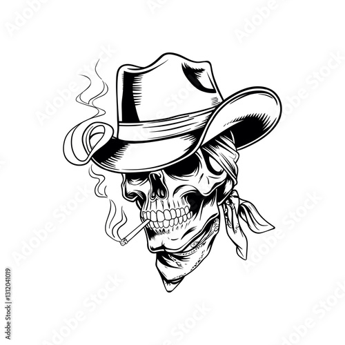 Monochrome illustration of a skull wearing a cowboy hat and bandana, smoking a cigarette