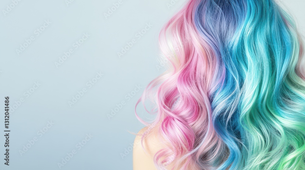 Colorful Tresses: A captivating display of cascading, multi-hued locks, featuring a mesmerizing blend of pink, teal, and turquoise shades, against a softly diffused backdrop.