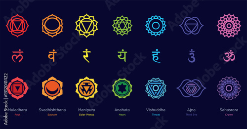 Chakra Symbols Set with Names on Dark Background