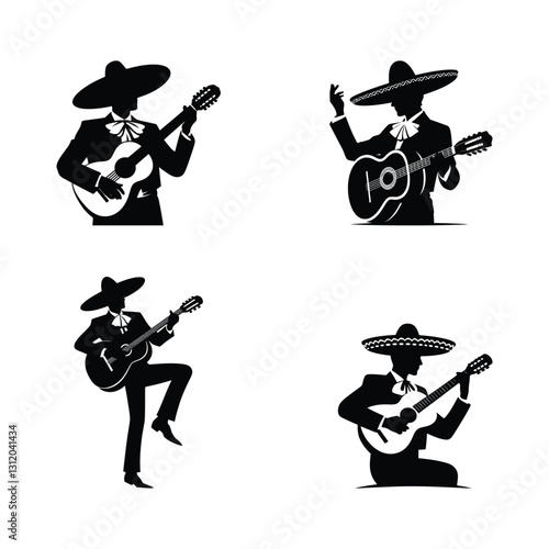 Mariachi Band Guitarist Silhouette Vector Set for Mexican Music Designs