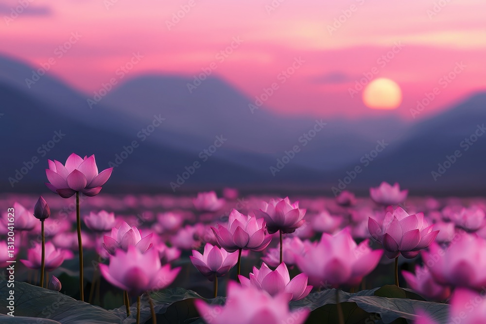 Fototapeta premium A serene landscape filled with vibrant pink lotus flowers under a glowing sunset, surrounded by mountains in a tranquil setting.