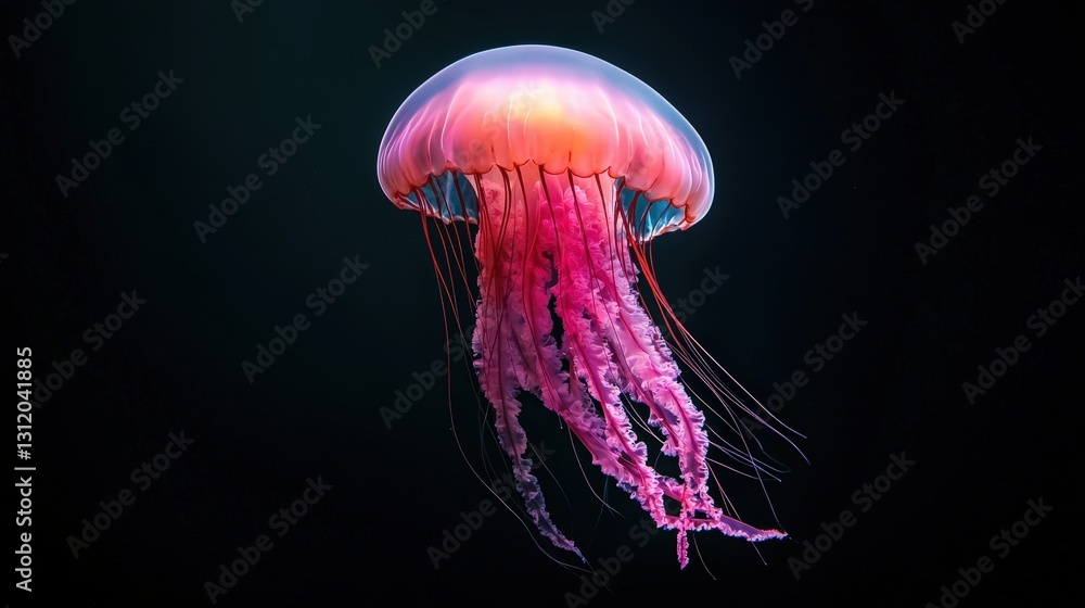 Pink jellyfish floating in dark water. Pink jellyfish floating in dark water.