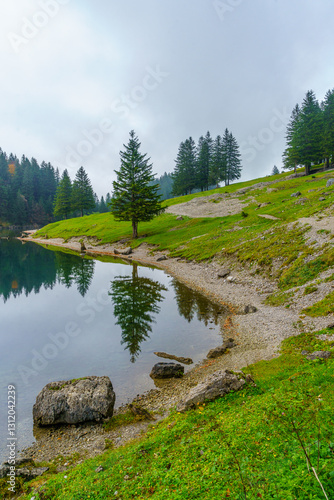 Seealpsee lake, in the Alpstein range, Appenzell