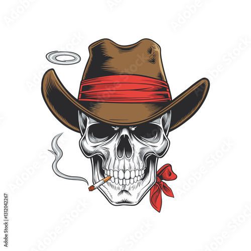 Illustration of a skull in a brown cowboy hat and red bandana, smoking a cigarette