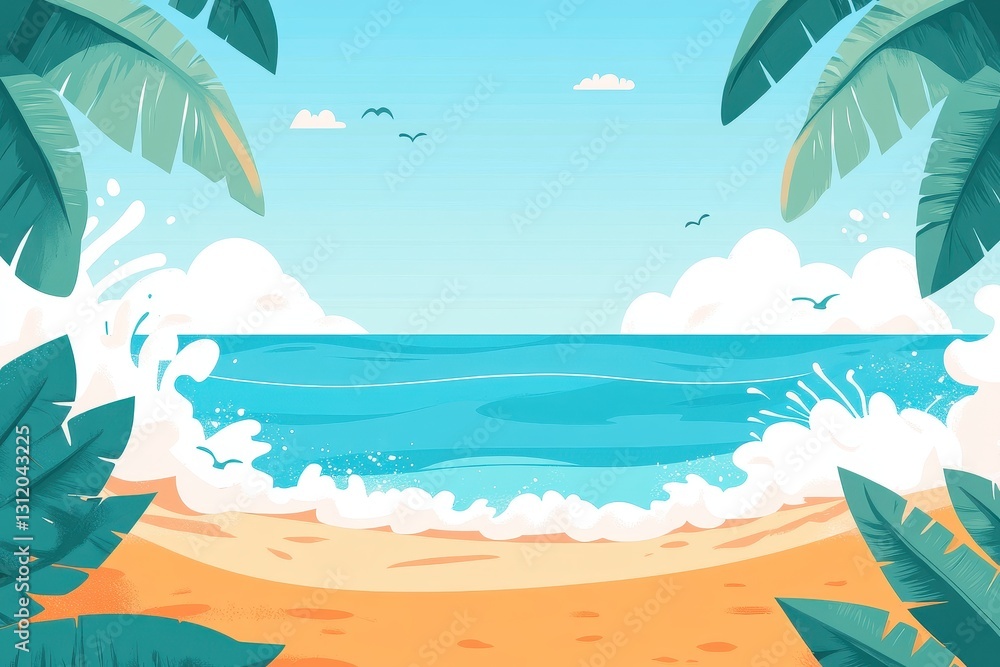 Obraz premium Tranquil Beach Scene with Waves and Tropical Foliage Background