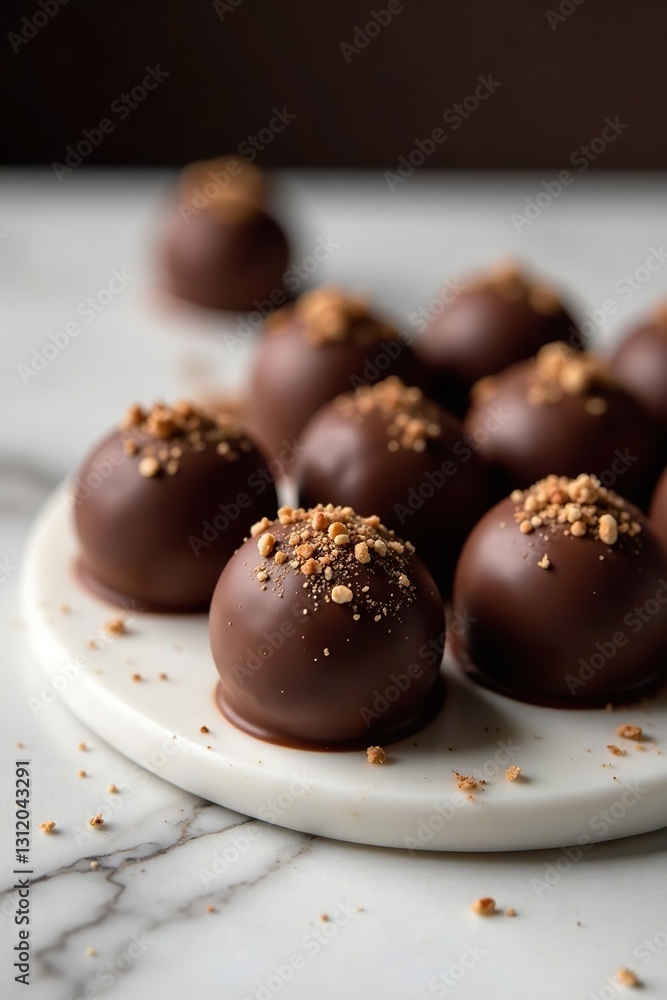 Rich, velvety chocolate truffles on a marble table, decadent dessert, marble, fine candy Rich, velvety chocolate truffles on a marble table, decadent dessert, marble, fine candy