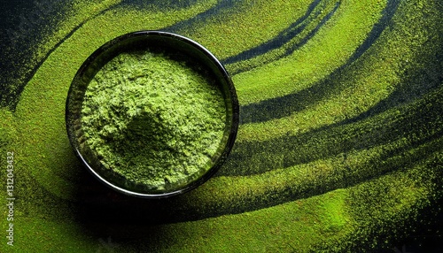 A close-up of a perfectly arranged matcha powder in a delicate