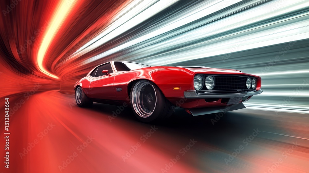 Fototapeta premium Muscle car passing through a tunnel at high speed, motion blur intensifying the sense of velocity 