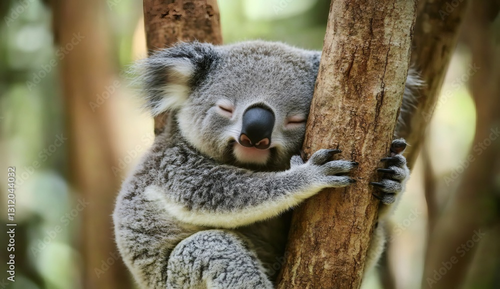 Fototapeta premium Koala's Peaceful Slumber: A charming koala bear, nestled snugly in a tree branch with closed eyes and a serene expression, embodying the tranquility of the Australian wilderness.