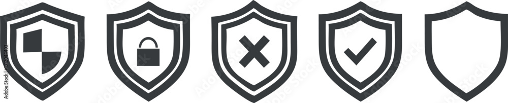 Set of Five Shield Security Icons with Different Symbols Set of Five Shield Security Icons with Different Symbols