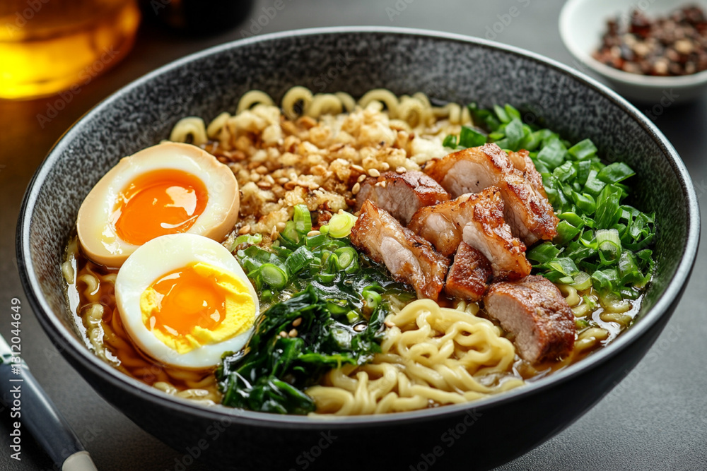 Aromatic Japanese ramen in a deep bowl with egg, greens and meat Aromatic Japanese ramen in a deep bowl with egg, greens and meat