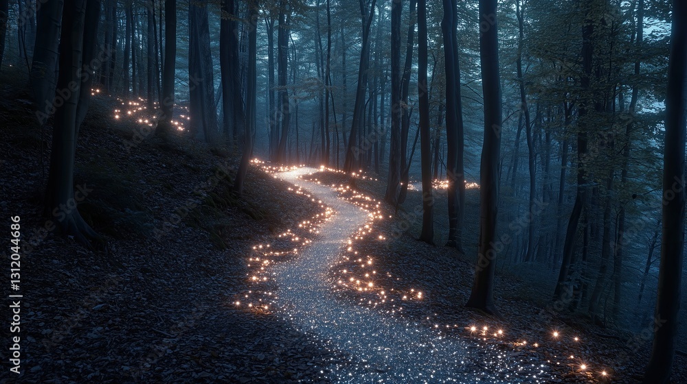 Fototapeta premium Mystical forest path illuminated by soft lights.