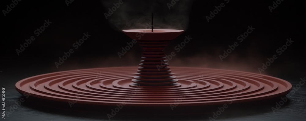 Fototapeta premium Abstract 3D rendering of a dark red, tiered platform with a central incense burner emitting smoke against a black background. Minimalist and serene.