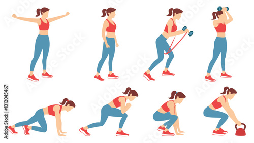 set of fit woman in athletic wear performing various workout exercises
