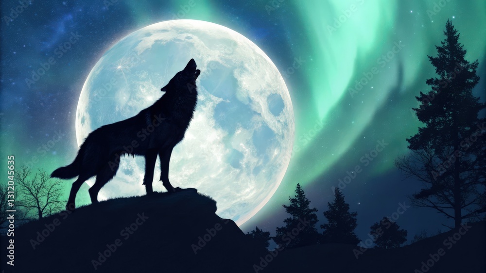 a silhouette of a wolf howling at the moon under the aurora borealis a silhouette of a wolf howling at the moon under the aurora borealis