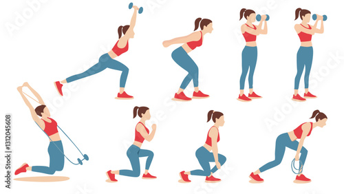 set of active woman in red sports bra and blue leggings doing core and resistance exercises