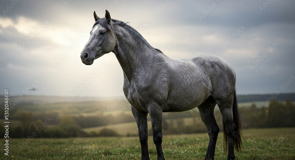 Obraz premium Graceful Gray Horse Standing Proudly in an Open Field