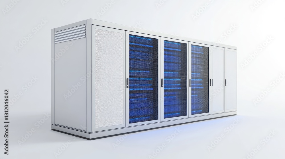 Fototapeta premium A sleek white server rack with blue LED-lit systems, representing advanced data storage and network technology in a minimalistic setting. Ideal for cloud computing, IT, and cybersecurity themes