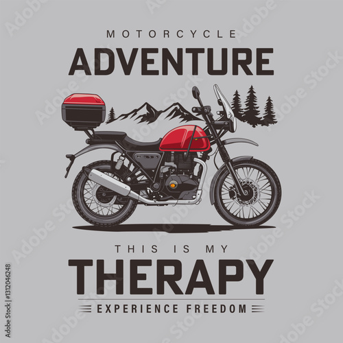 Motorcycle with red tank and storage against a mountain backdrop