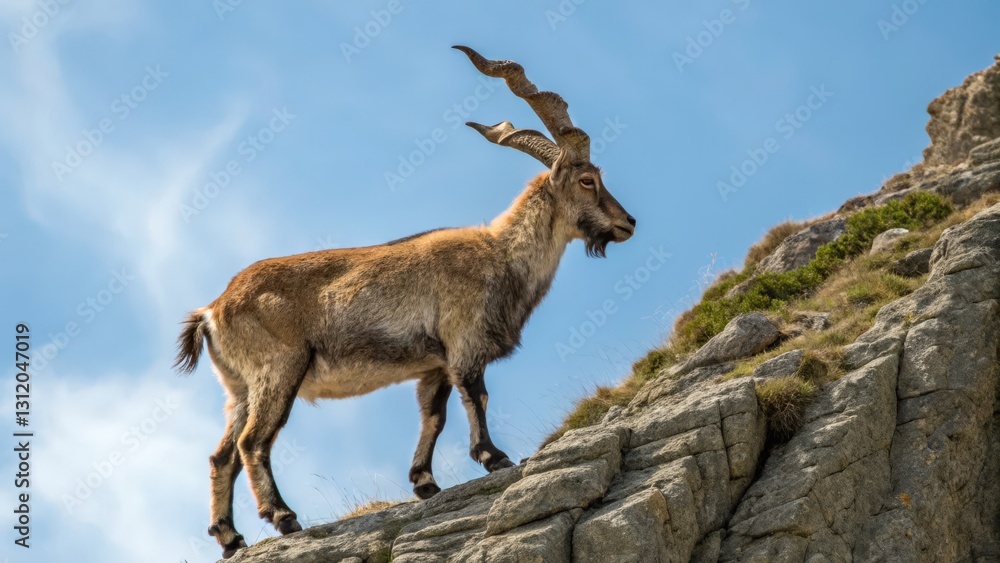 A markhor stands proudly on a rocky mountain, its magnificent horns spiraling toward the sky, set against a beautiful blue sky A markhor stands proudly on a rocky mountain, its magnificent horns spiraling toward the sky, set against a beautiful blue sky
