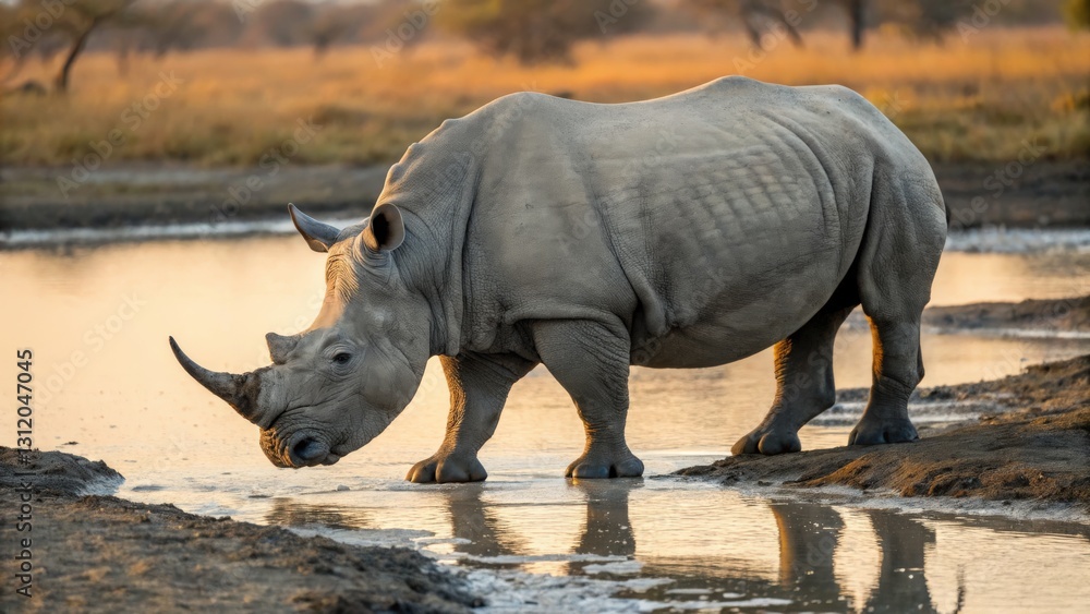 Naklejka premium a rhino approaching water, horn in view, wildlife in the background, a picture of nature