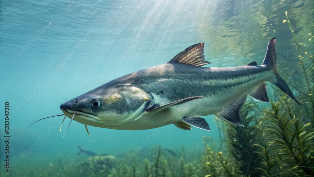 Fototapeta premium a majestic fish swims gracefully underwater among aquatic plants, rays of sunlight filtering down