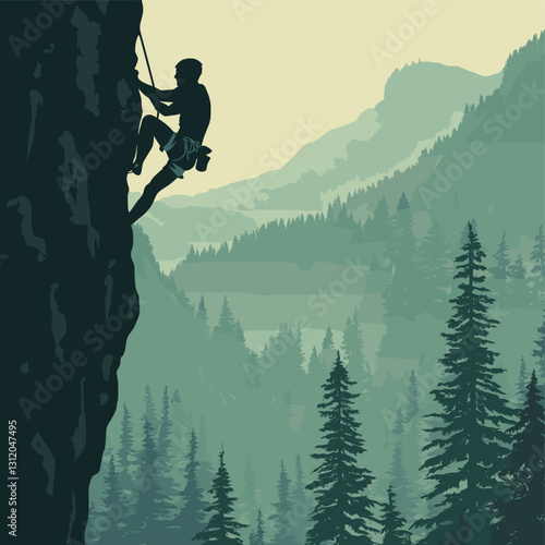 Minimalist vector art of a silhouette rock climber in the forest, with green mountains and trees in the background.