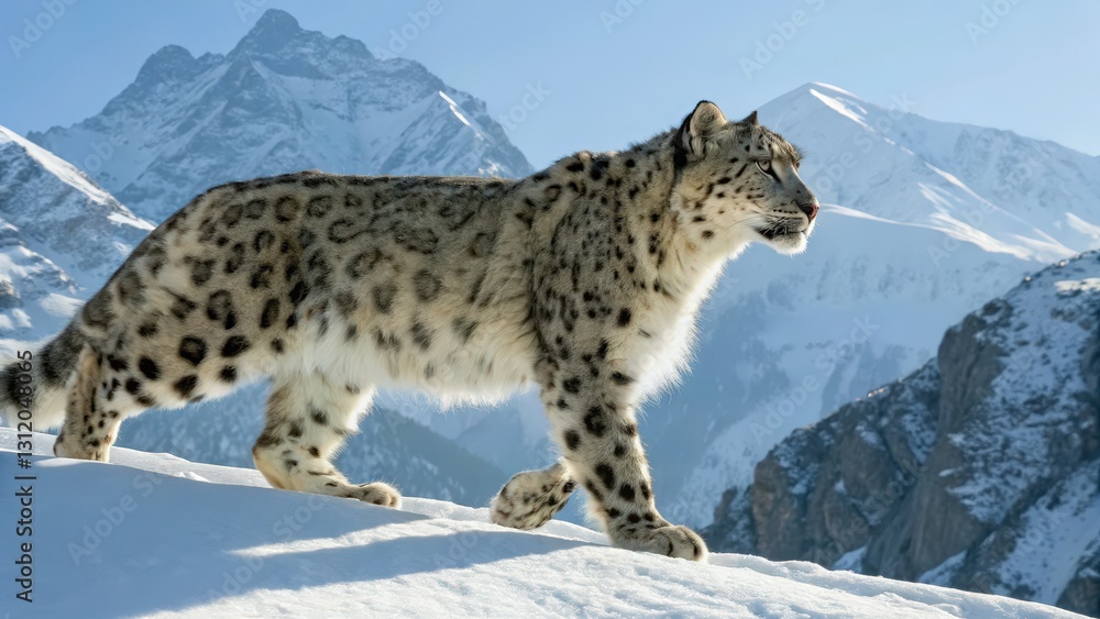 a majestic snow leopard gracefully walks across a snowy mountain. The snow leopard's fur has unique spots, blending perfectly with the snowy environment a majestic snow leopard gracefully walks across a snowy mountain. The snow leopard's fur has unique spots, blending perfectly with the snowy environment