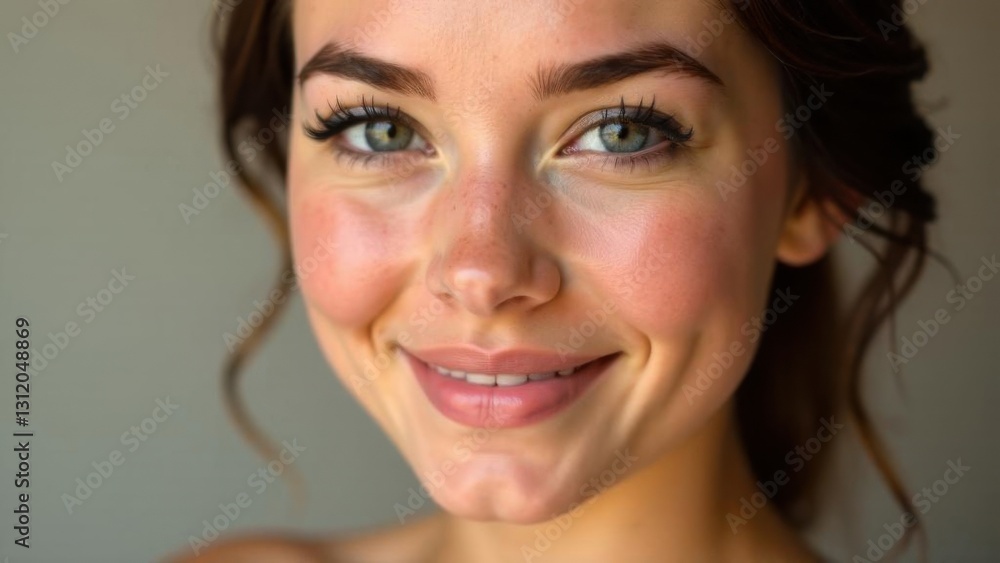 Close up young woman face with smile on grey background Close up young woman face with smile on grey background