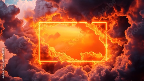 Golden cloudscape with neon frame. Orange sunset hues. Heavenly cloudscape art. AI generated