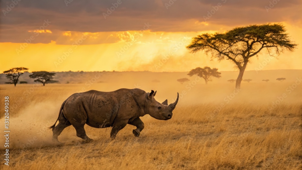 Fototapeta premium a powerful rhino running across the savanna, with a golden sunset in the background