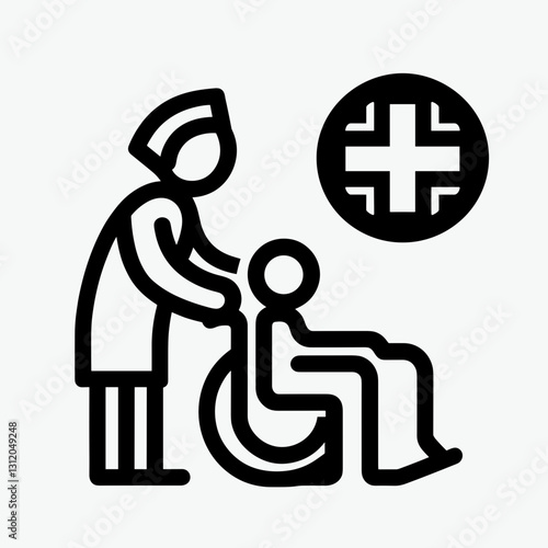 Caring nurse helping a patient in a wheelchair with medical symbol in a simple line drawing