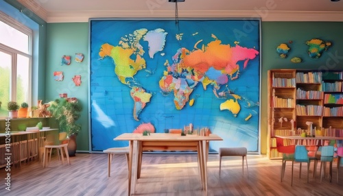 A vibrant world map dresses the wall of a cheerful room, inviting exploration and creativity.