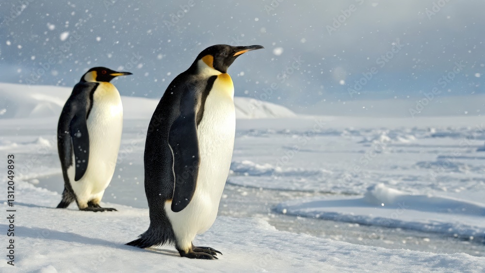 two penguins standing on a snowy expanse. The penguins are black and white with yellow markings two penguins standing on a snowy expanse. The penguins are black and white with yellow markings
