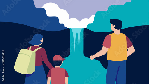 Trailside Waterfall A family marveling at a small waterfall while taking a break on their hike capturing the essence of adventure over material pursuits.