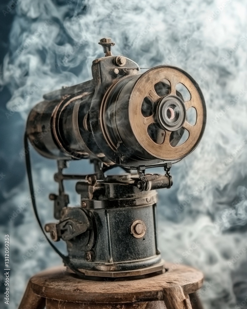 Antique brass and black metal theodolite instrument on wooden tripod stand, emitting smoke against a dark background. Vintage surveying equipment. Antique brass and black metal theodolite instrument on wooden tripod stand, emitting smoke against a dark background. Vintage surveying equipment.