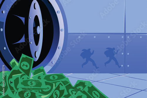 Illustrate a bank vault, heavily damaged, money strewn about, hinting at a major banking scandal.  A single, distraught-looking person is visible.