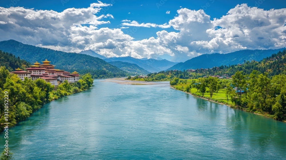 Fototapeta premium Bhutanese Monastery River Valley Scenic Landscape