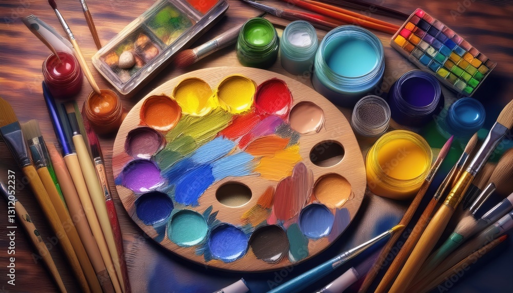 Naklejka premium A collection of vivid paints and brushes showcases the beauty of artistic creation and inspiration.
