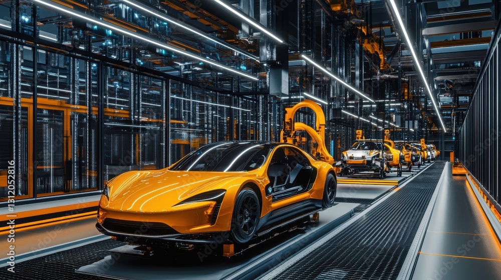 A futuristic electric car production factory featuring advanced automated robotics, showcasing cutting-edge technology and efficient manufacturing processes in a sleek, modern environment. A futuristic electric car production factory featuring advanced automated robotics, showcasing cutting-edge technology and efficient manufacturing processes in a sleek, modern environment.
